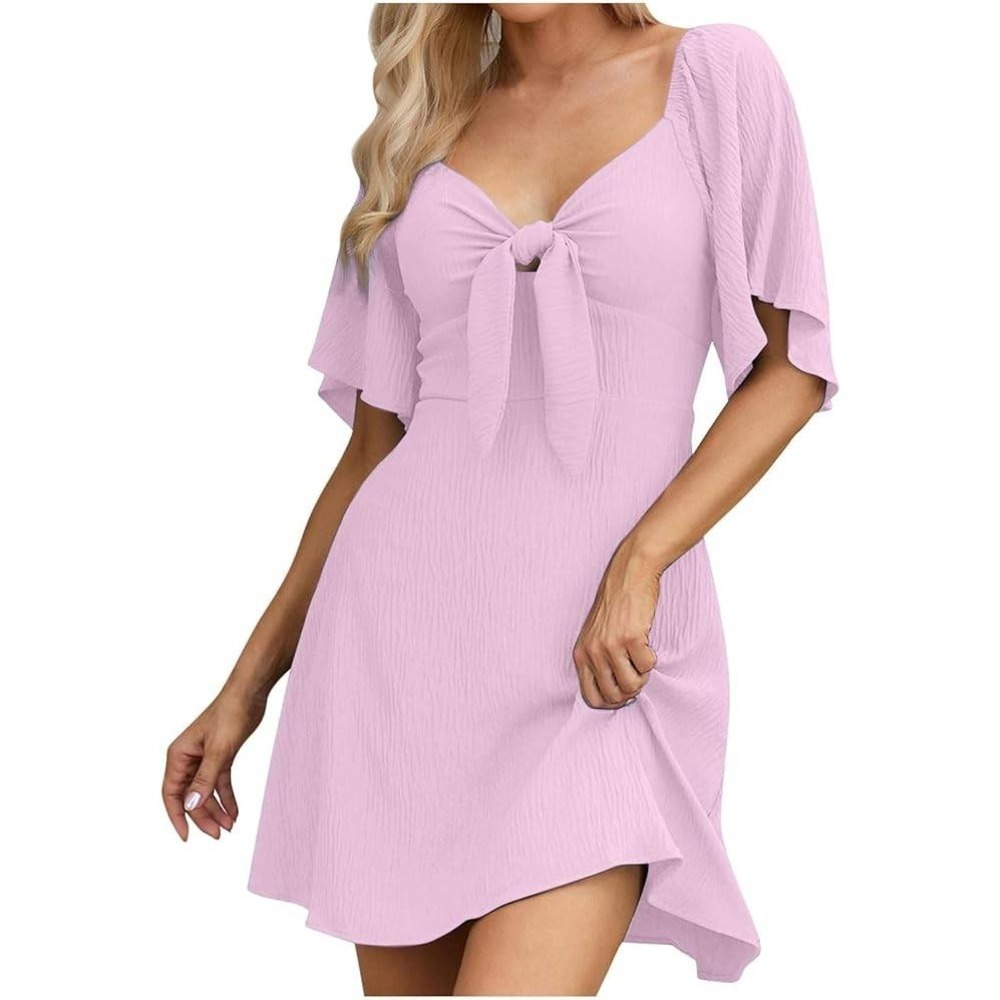 Dokotoo - XL - Mini Dress - Pink - Lightweight V-Neck Ruffle Sleeve